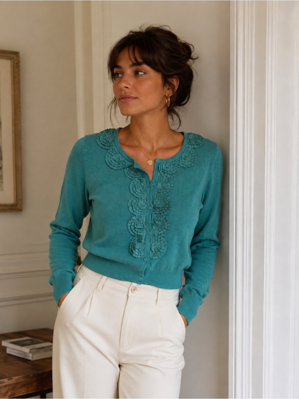 Boden Green Rosette Appliqué Cardigan Romantic Floral Statement Sweater